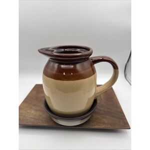 Vintage Crock Stoneware 6" Pitcher Hand Crafted Vessel With Dish
